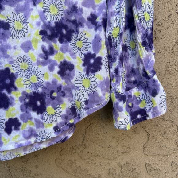 Floral Button Down Cotton Blouse, Purple And Lime Green Flowers, Womens Medium - Picture 2 of 4
